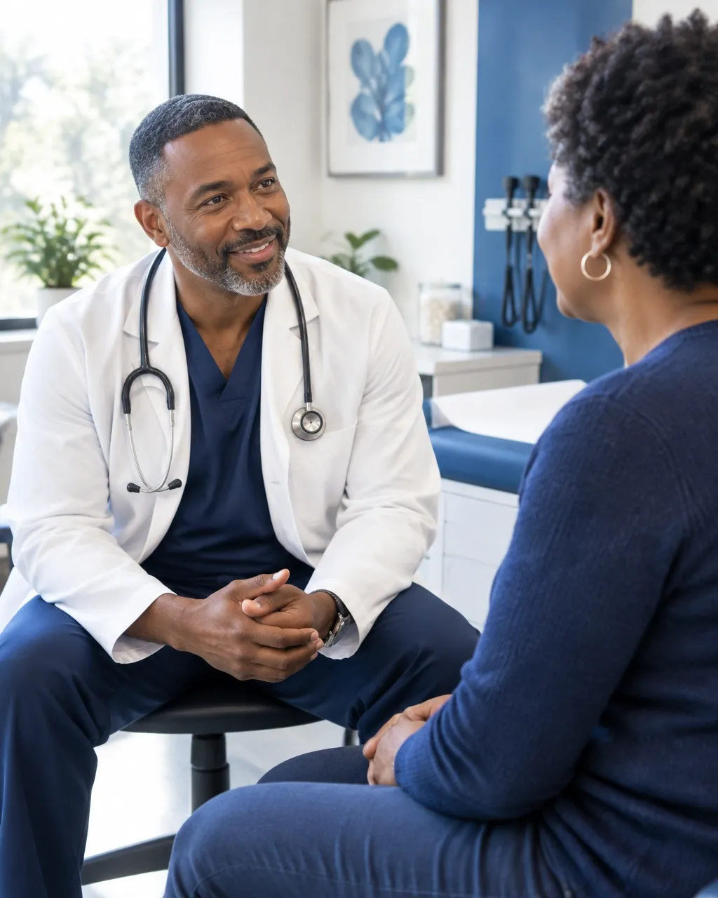 African American physician speaking with an African American patient during a primary care visit