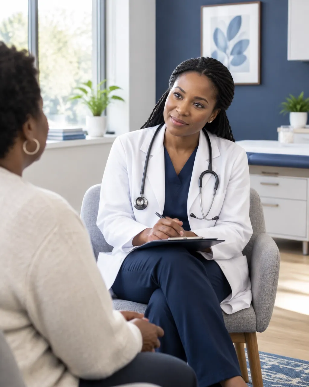 African American physician listening to an African American patient in a primary care consultation